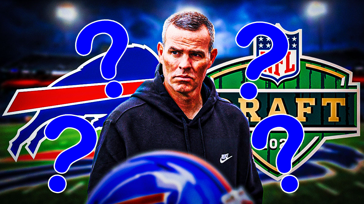 Bills GM Brandon Beane surrounded by question mark emojis. There are also logos for the Buffalo Bills and the 2025 NFL Draft.