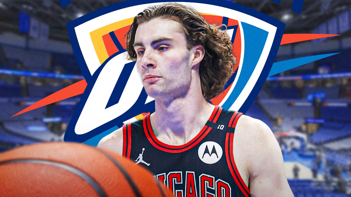 Josh Giddey, Bulls, Thunder, Bulls Thunder, Josh Giddey Bulls, Josh Giddey in Bulls uni looking disappointed, OKC Thunder logo on graphic, Thunder arena in background