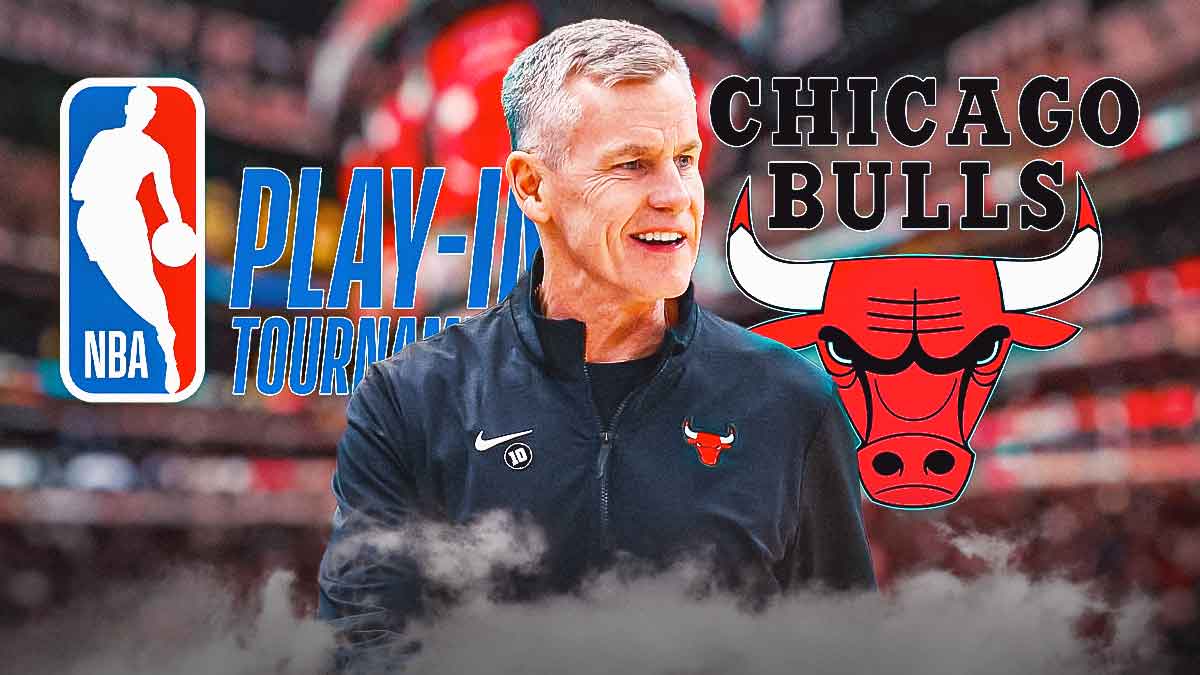 Bulls, Bulls play-in tournament, Billy Donovan, Bulls Raptors, NBA play-in tournament, Billy Donovan with nba play-in tournament logo on graphic, Bulls arena in the background