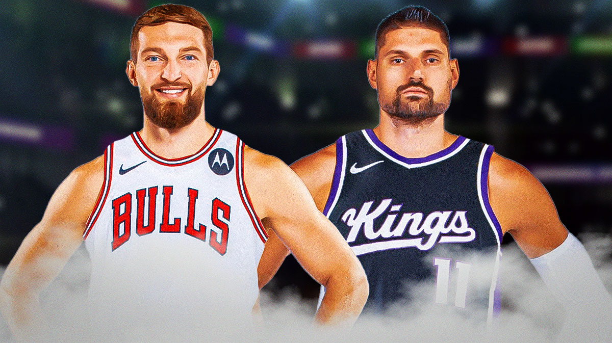 Domantas Sabonis in a Bulls jersey and Nikola Vucevic in a Kings jersey