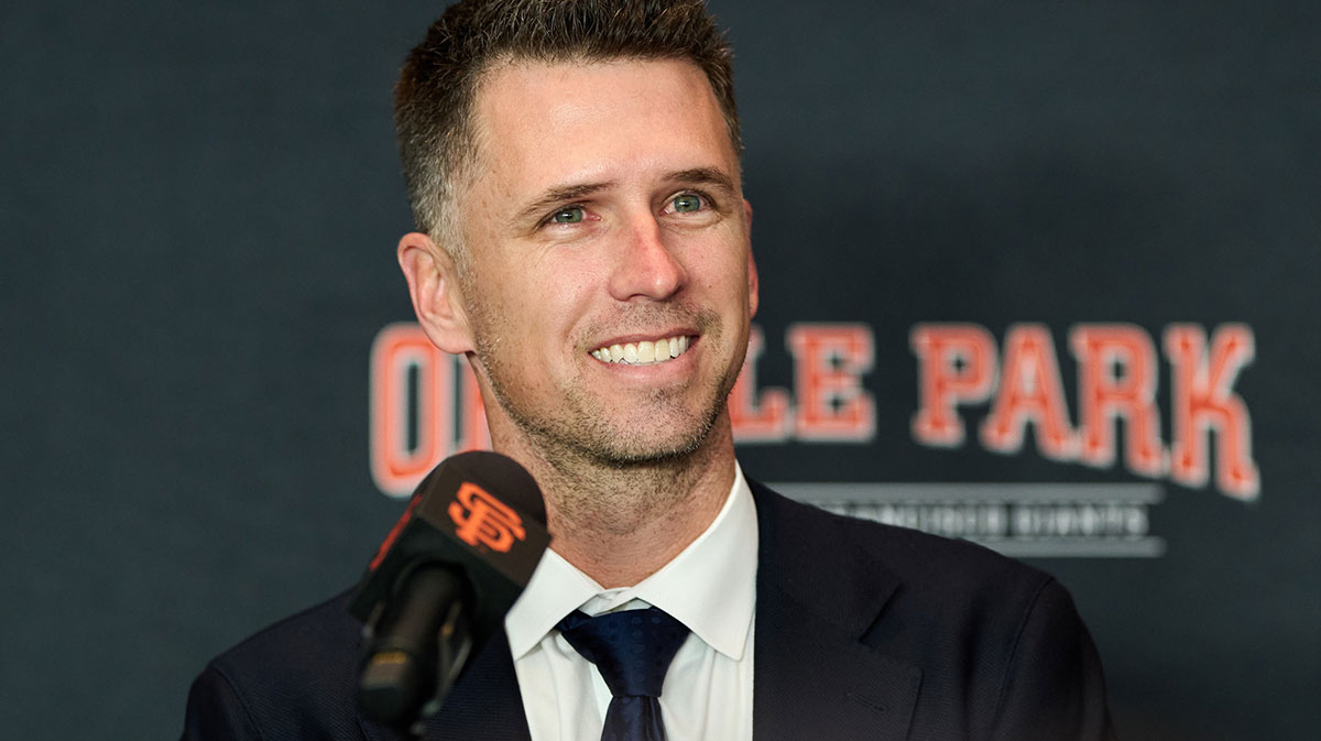 San Francisco Giants president of baseball operations Buster Posey speaks during the introductory press conference for shortstop Willy Adames (not pictured) at Oracle Park.