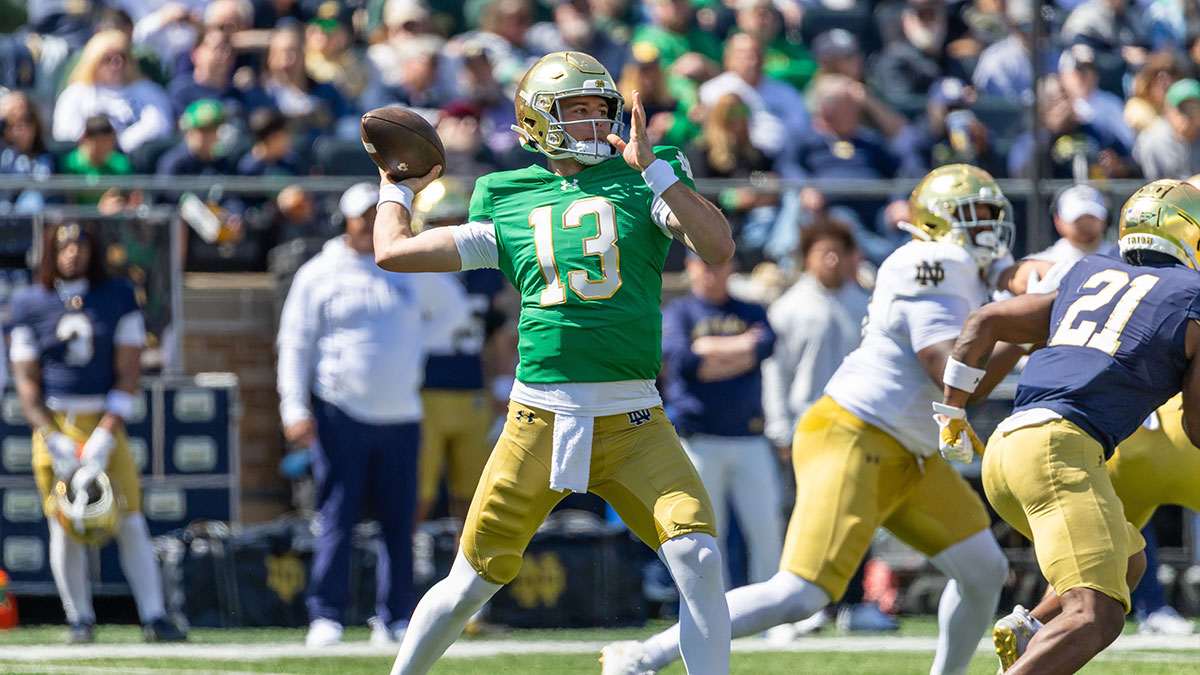 Notre Dame Fighting Irish quarterback CJ Carr (13) throws a pass during the Blue-Gold game at Notre Dame Stadium.
