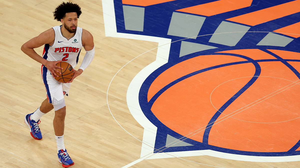 Detroit Pistons guard Cade Cunningham (2) brings the ball up court against the New York Knicks during the first quarter of game two of first round of the 2024 NBA Playoffs at Madison Square Garden. Mandatory Credit: Brad Penner-Imagn Images