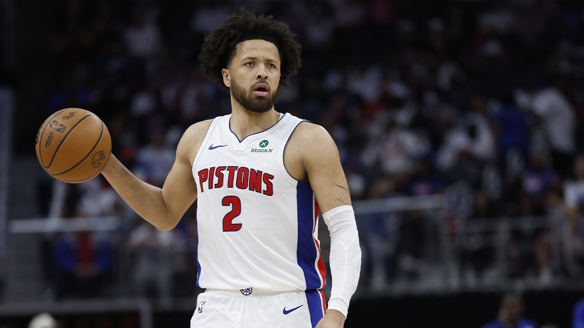 Pistons guard Cade Cunningham (2) dribbles in the second half against the New York Knicks during game three of first round for the 2024 NBA Playoffs at Little Caesars Arena.