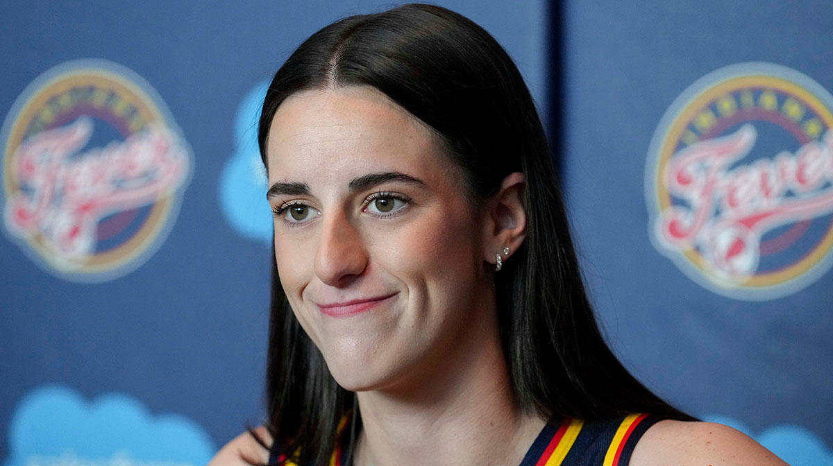 Indiana Fever guard Caitlin Clark speaks during Indiana Fever’s media day.