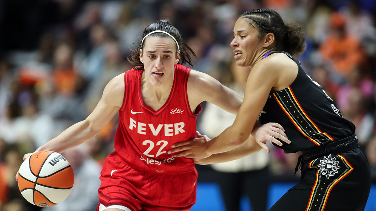 Indiana Fever guard Caitlin Clark (22) dribbles the ball during the first half against the Connecticut Sun during game two of the first round of the 2024 WNBA Playoffs at Mohegan Sun Arena.