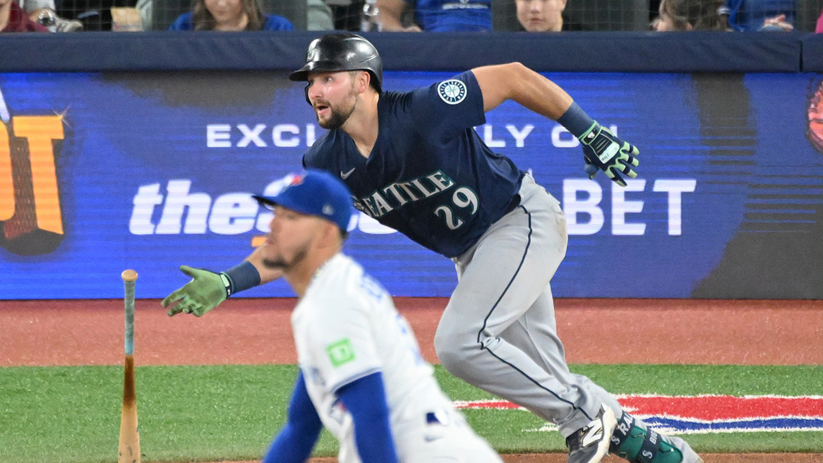 Seattle Mariners catcher Cal Raleigh (29) hits a double off of Toronto Blue Jays pitcher Jose Berrios (17) in the fifth inning at Rogers Centre.