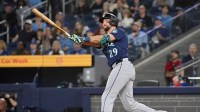 Seattle Mariners catcher designated hitter Cal Raleigh (29) hits a two run home run against the Toronto Blue Jays in the first inning at Rogers Centre.