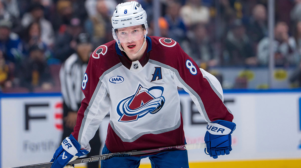 Colorado Avalanche defenseman Cale Makar (8) during a stop in play against the Vancouver Canucks in the third period at Rogers Arena.