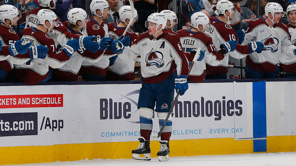 Colorado Avalanche defenseman Cale Makar (8) celebrates his goal against the Columbus Blue Jackets during the second period at Nationwide Arena.