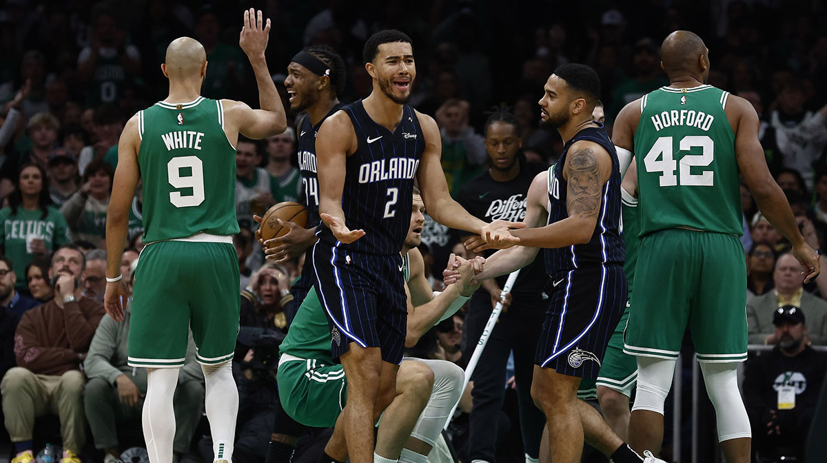 Orlando Magic guard Caleb Houstan (2) reacts to a fouls called on his team during the second quarter of game two of the first round of the 2024 NBA Playoffs against the Boston Celtics at TD Garden.