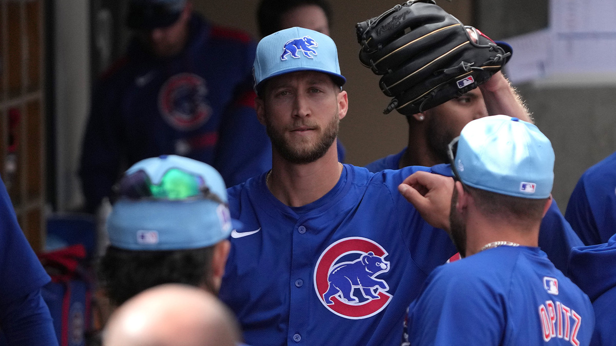 Chicago Cubs pitcher Caleb Kilian celebrates with teammates fater leaving the game against the Arizona Diamondbacks in the third inning at Salt River Fields at Talking Stick.