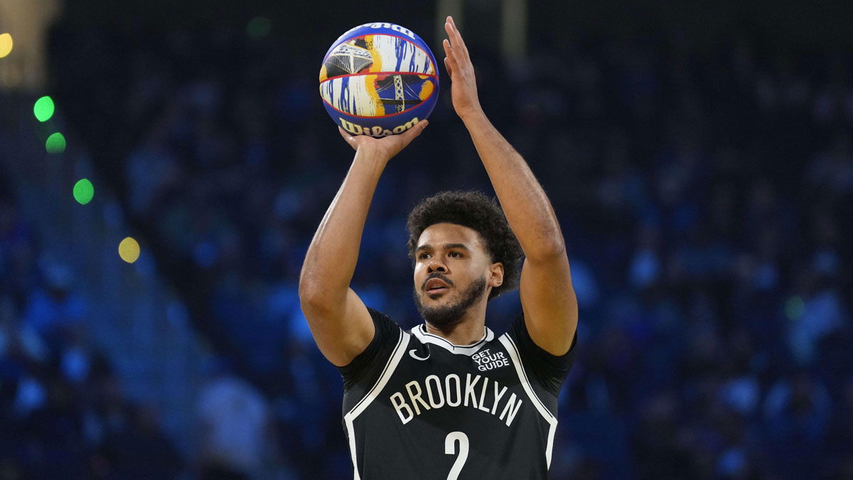 Brooklyn Nets forward Cam Johnson (2) competes in the three-point contest during All Star Saturday Night ahead of the 2025 NBA All Star Game at Chase Center