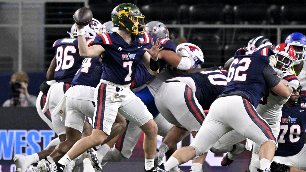 East quarterback Cam Miller of North Dakota State (7) passes the ball during the first half against the West at AT&T Stadium. Mandatory Credit: Jerome Miron-Imagn Images