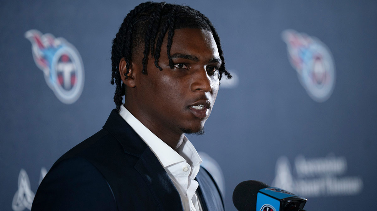 Cam Ward fields questions after being introduced as the Tennessee Titans first-round pick – and overall number one pick – in the NFL Draft at Ascension Saint Thomas Sports Park in Nashville, Tenn., Friday, April 25, 2025.