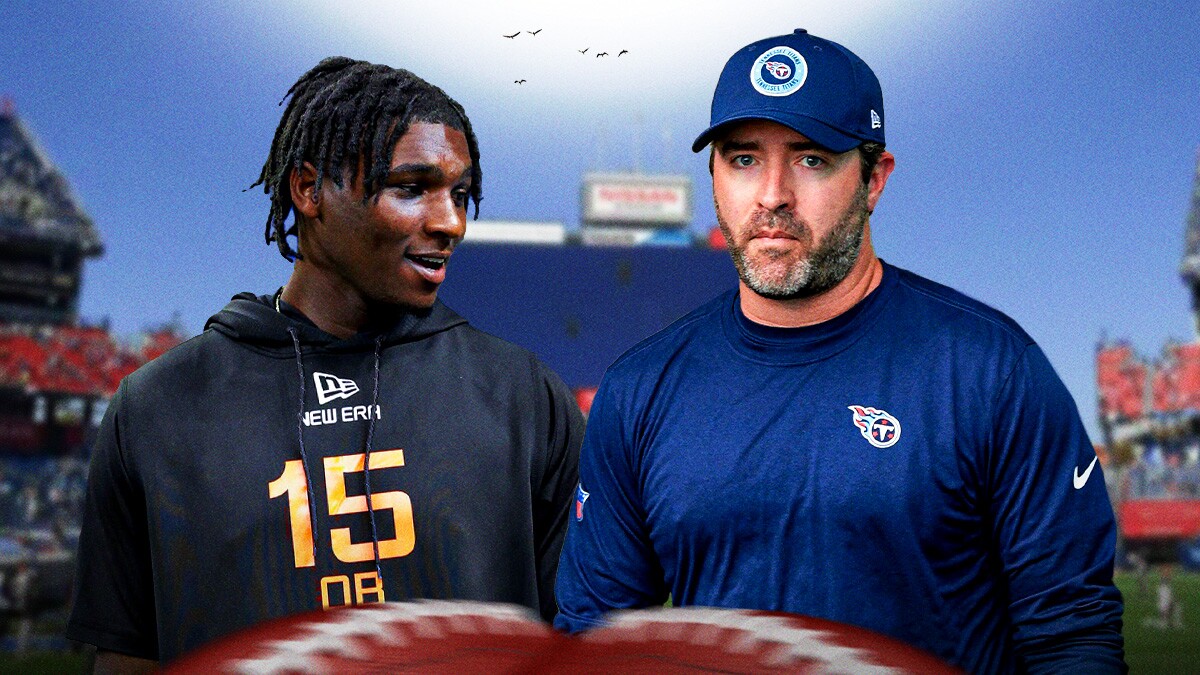 Coach Brian Callahan, Cam Ward beside each other, Tennessee Titans wallpaper in the background