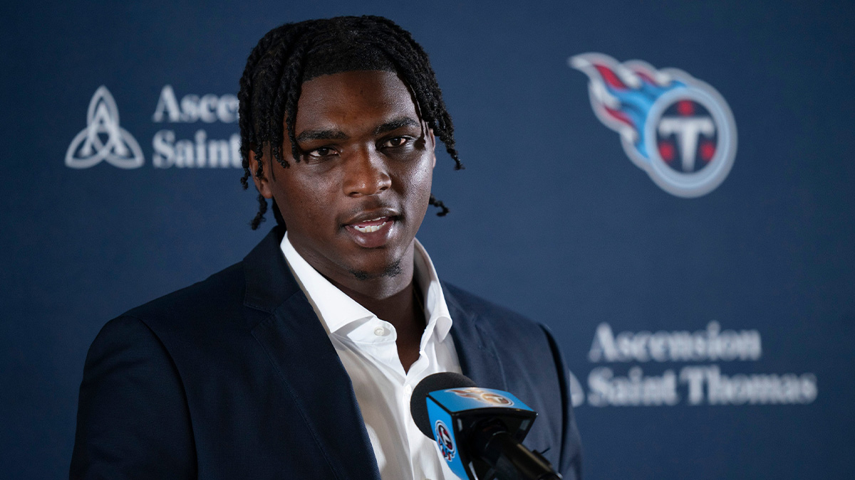 Cam Ward fields questions after being introduced as the Tennessee Titans first-round pick – and overall number one pick – in the NFL Draft at Ascension Saint Thomas Sports Park in Nashville, Tenn., Friday, April 25, 2025.