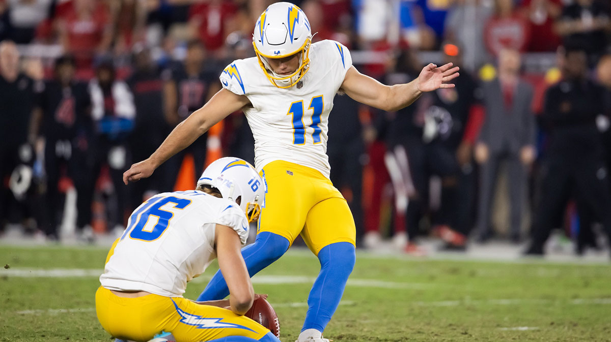 Chargers' Cameron Dicker kicking a field goal against the Cardinals on October 21, 2024.