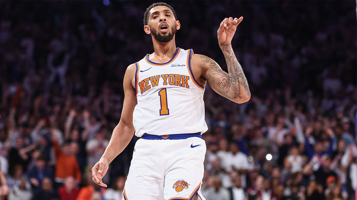 New York Knicks guard Cameron Payne (1) gestures after making a three point shot against the Detroit Pistons in Game One of the First Round of the NBA Playoffs at Madison Square Garden.
