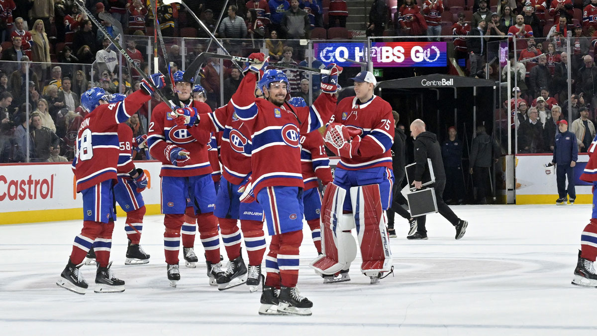 The Montreal Canadiens celebrate the win against the Boston Bruins at the Bell Centre.