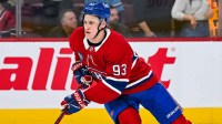 Canadiens right wing Ivan Demidov) skates with a puck in warm-up before a game against the Blackhawks at Bell Centre.