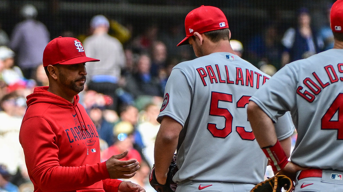 St. Louis Cardinals manager Oli Marmol makes a pitching change in the seventh inning during game against the Milwaukee Brewersat American Family Field