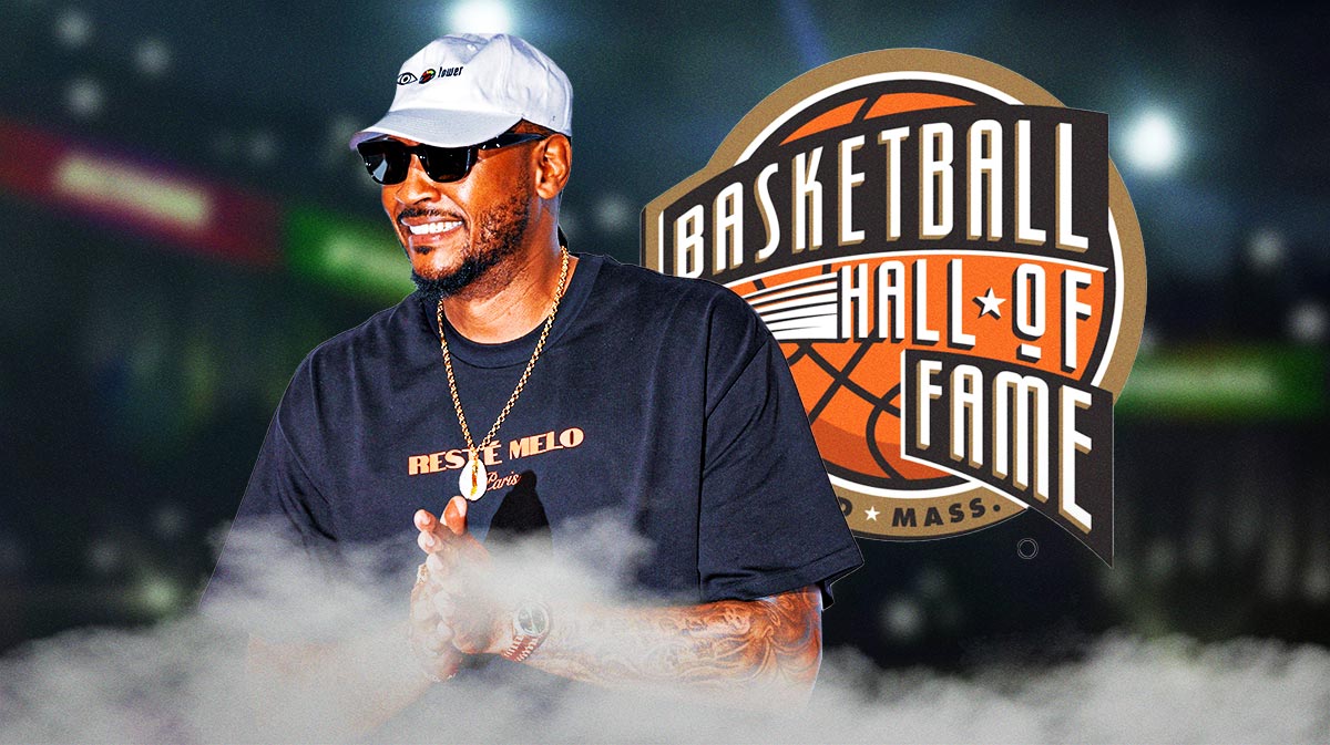 Carmelo Anthony with Hall of Fame logo Magic Johnson