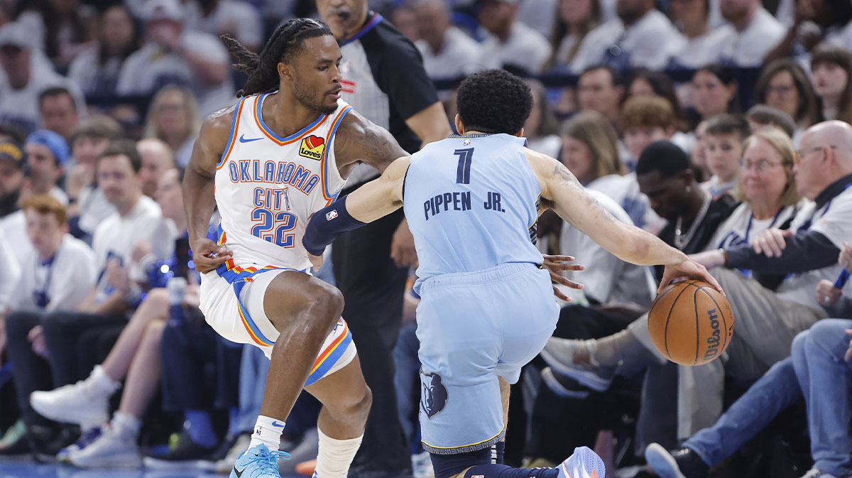 Oklahoma City Thunder guard Cason Wallace (22) defends a drive by Memphis Grizzlies guard Scotty Pippen Jr. (1) during the second quarter at Paycom Center.