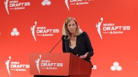 WNBA commissioner Cathy Engelbert talks to the media before the 2025 WNBA Draft at The Shed at Hudson Yards.