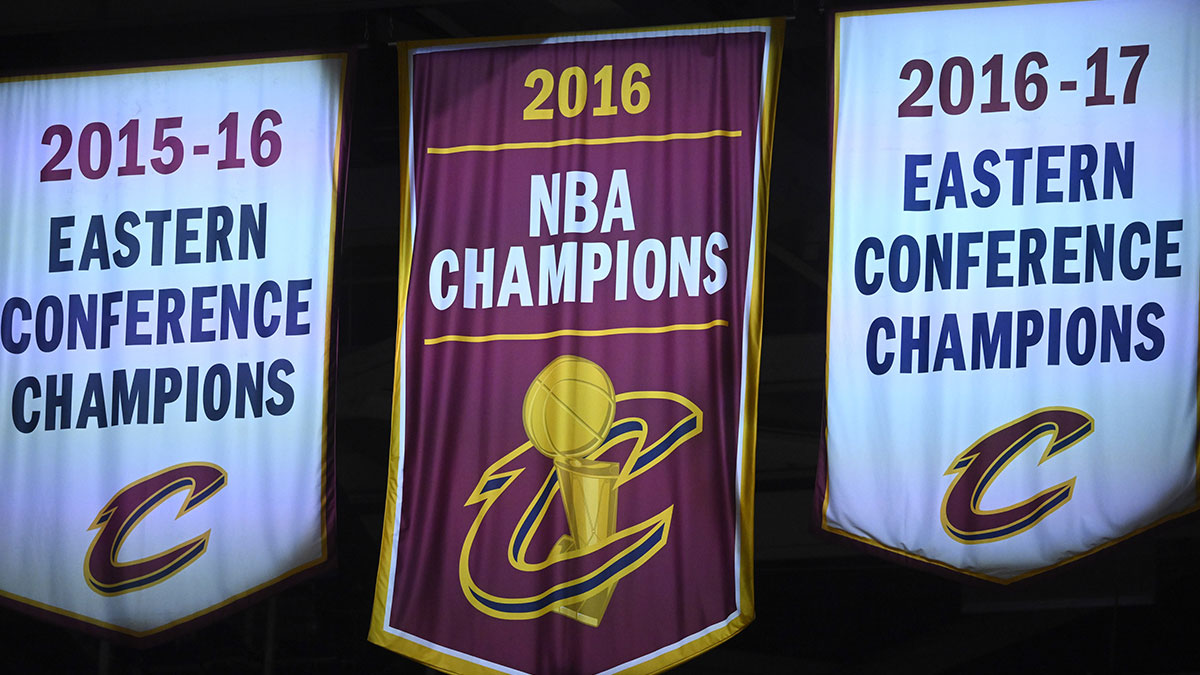 A general view of the Cleveland Cavaliers championship banner during a game between the Cleveland Cavaliers and the Chicago Bulls at Rocket Arena.