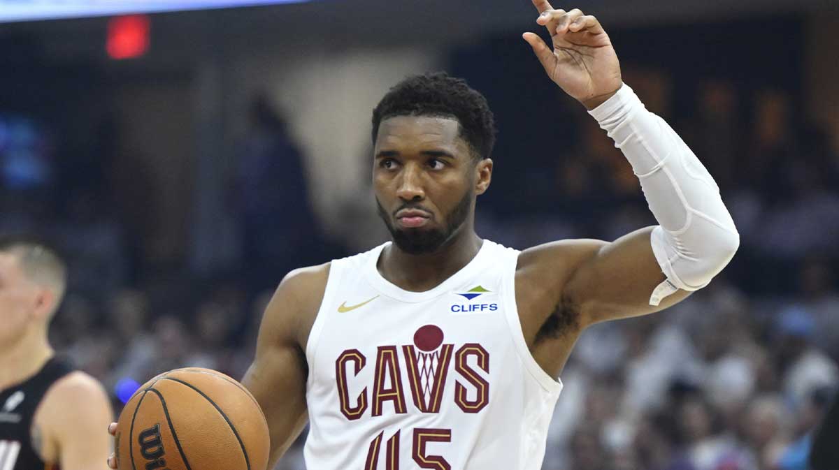 Cavs guard Donovan Mitchell (45) reacts