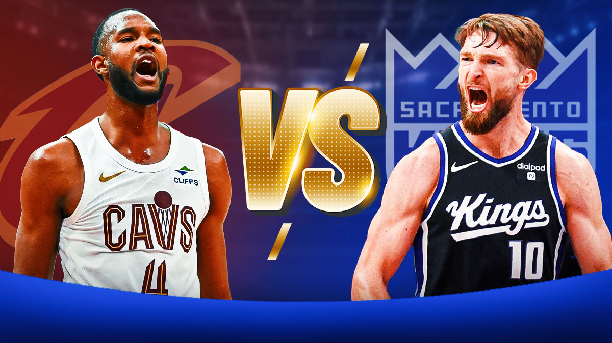 Evan Mobley and Domantas Sabonis with a video game versus in between them featuring a Cavs-Kings-themed BG.