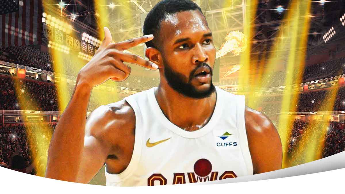 Evan Mobley (going super saiyan) featuring a Cavs-themed BG.