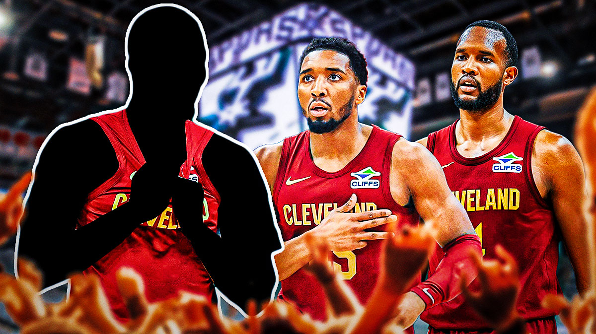 Donovan Mitchell and Evan Mobley standing next to a silhouetted Cavs player featuring a Cavs-Spurs-themed BG.