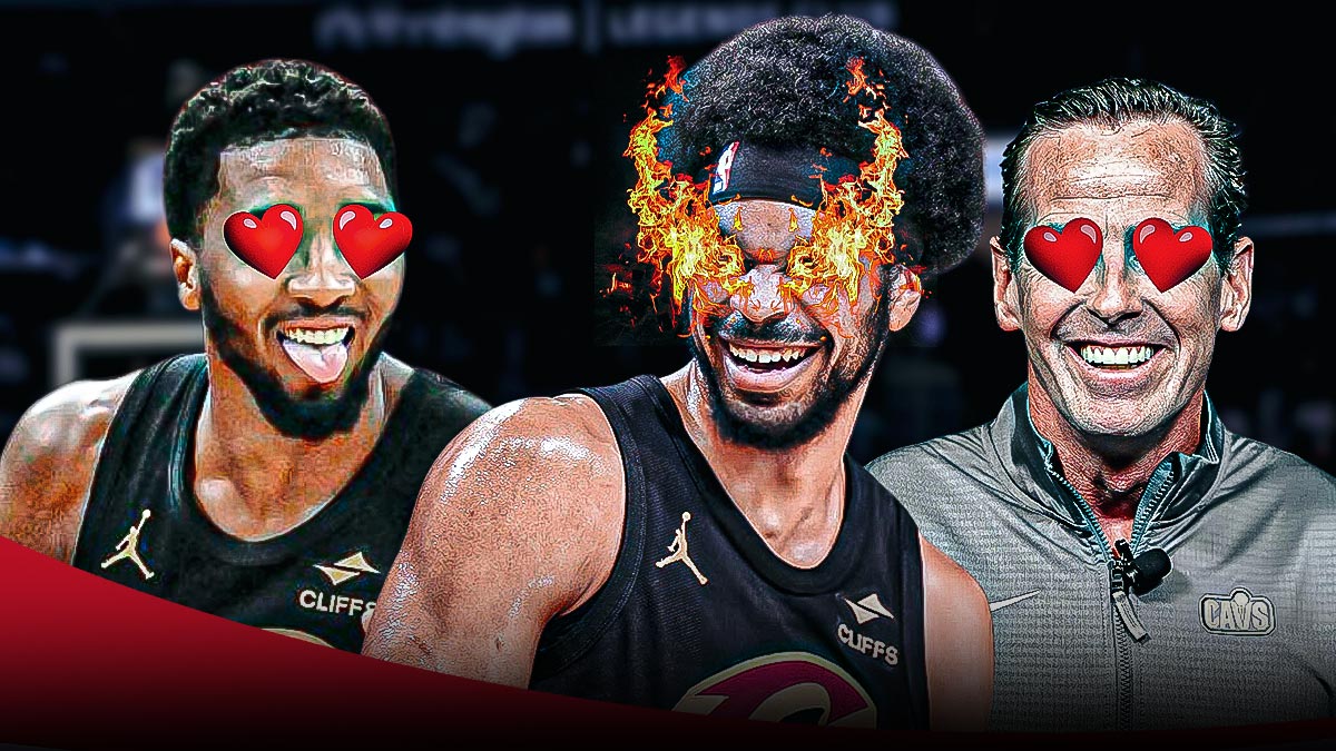 Kenny Atkinson and Donovan Mitchell (both with hearts in their eyes) looking at Jarrett Allen (in the middle of the picture with fire in his eyes) featuring a Cavs-themed BG.