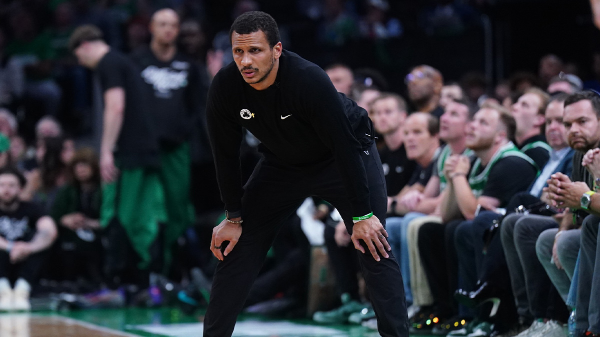 Boston Celtics head coach Joe Mazzulla watches from the sideline as they take on the Orlando Magic during game five of first round for the 2025 NBA Playoffs