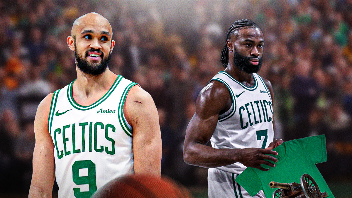Derrick White laughing/smiling next to Jaylen Brown (who can maybe be holding a t-shirt cannon) on Celtics background