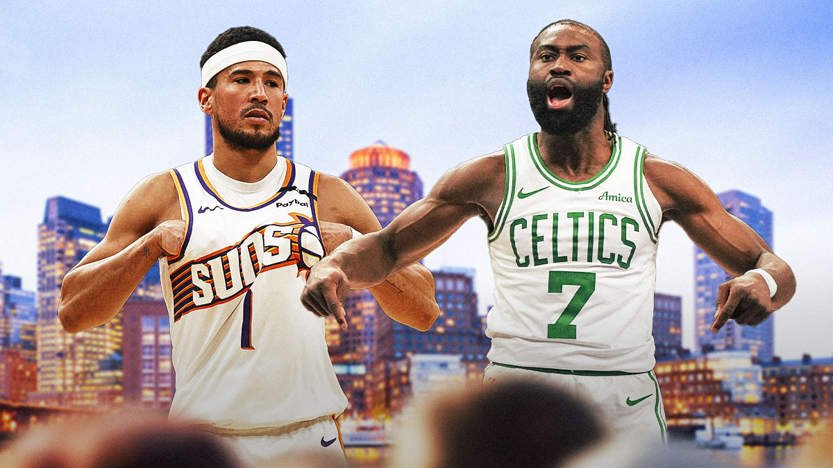 Jaylen Brown looking locked in on a Boston city background next to a sad/disappointed looking Devin Booker