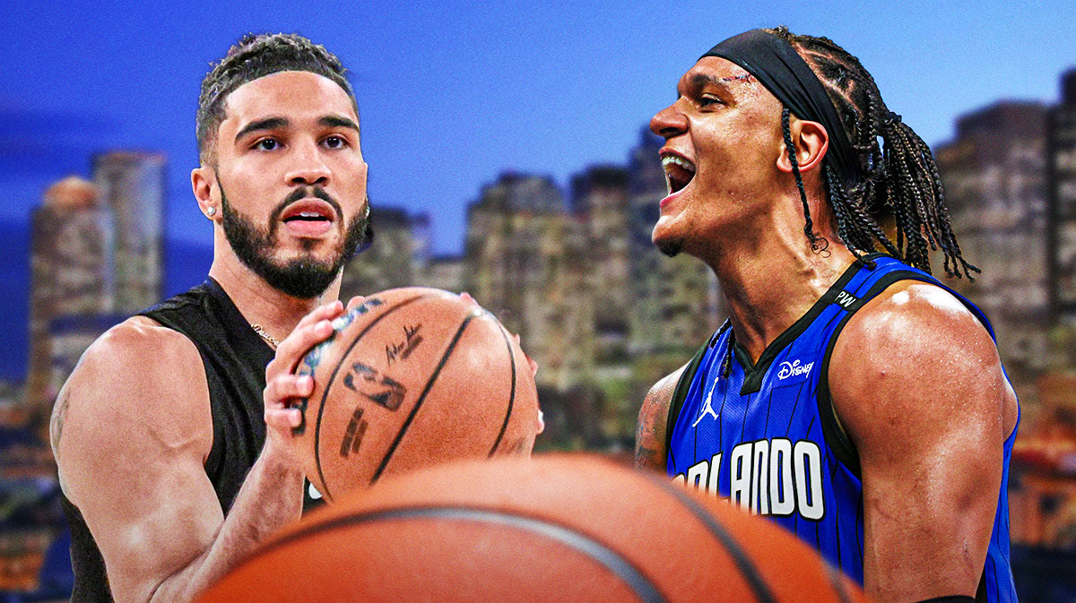 Jayson Tatum and Paolo Banchero looking serious next to one another on a boston city or basketball court background