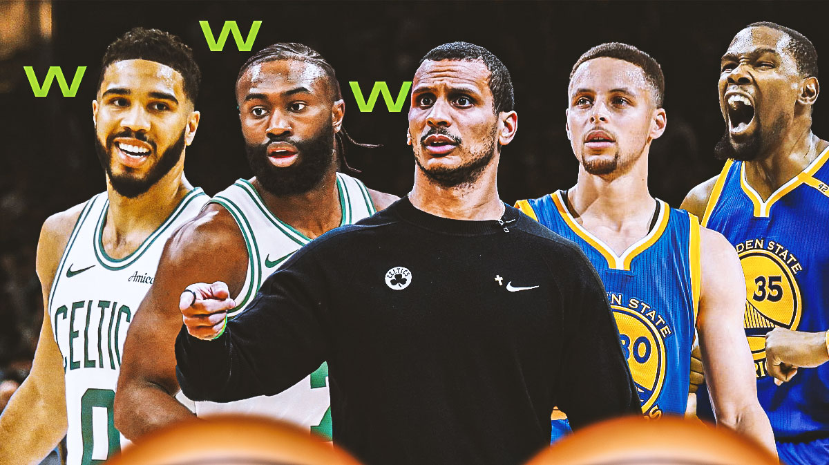 Celtics' Joe Mazzulla with Jayson Tatum and Jaylen Brown next to 2016 Warriors