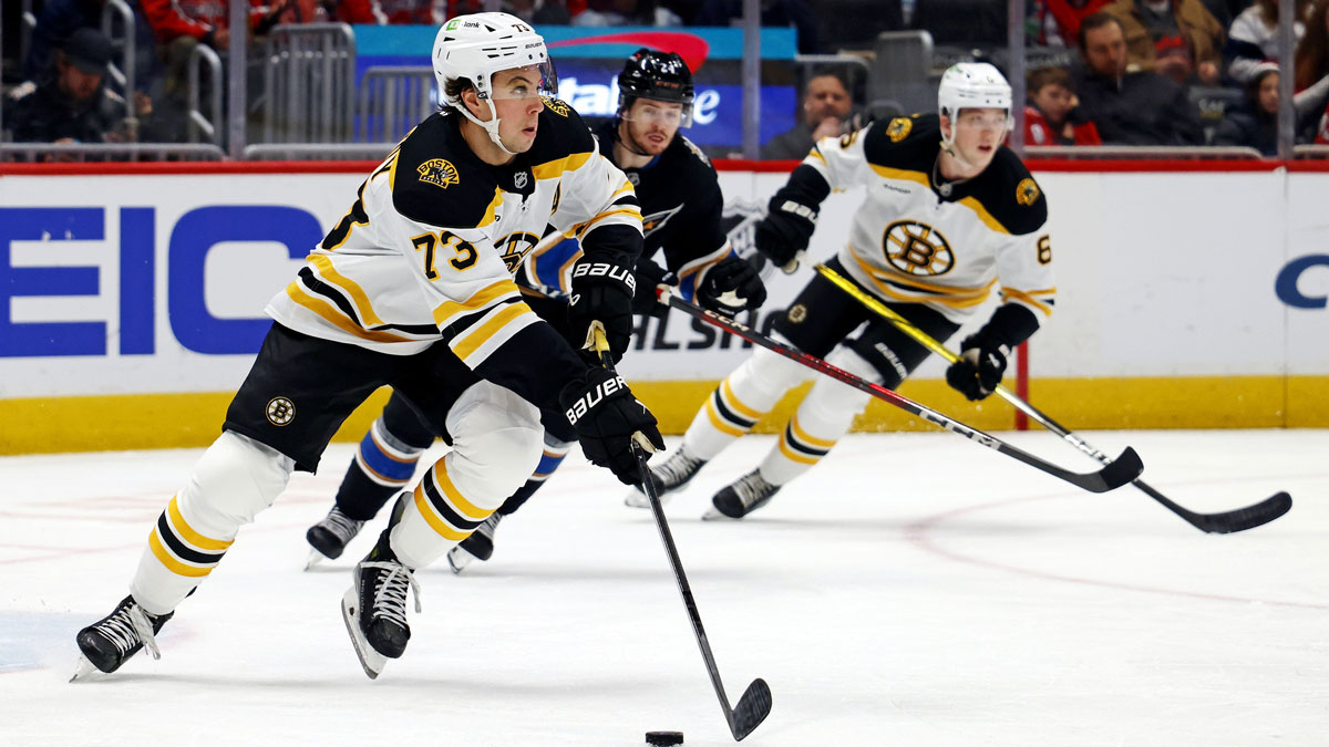 Dec 31, 2024; Washington, District of Columbia, USA; Boston Bruins defenseman Charlie McAvoy (73) skates with the puck against Washington Capitals center Connor McMichael (24) at Capital One Arena.