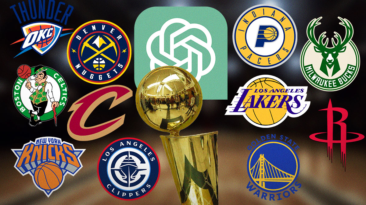 Larry O'Brien Trophy. Around it are the logos of the Thunder, Nuggets, Celtics, Cavs, Knicks, Pacers, Bucks, Lakers, Rockets, Warriors, Clippers. ChatGPT logo front and center