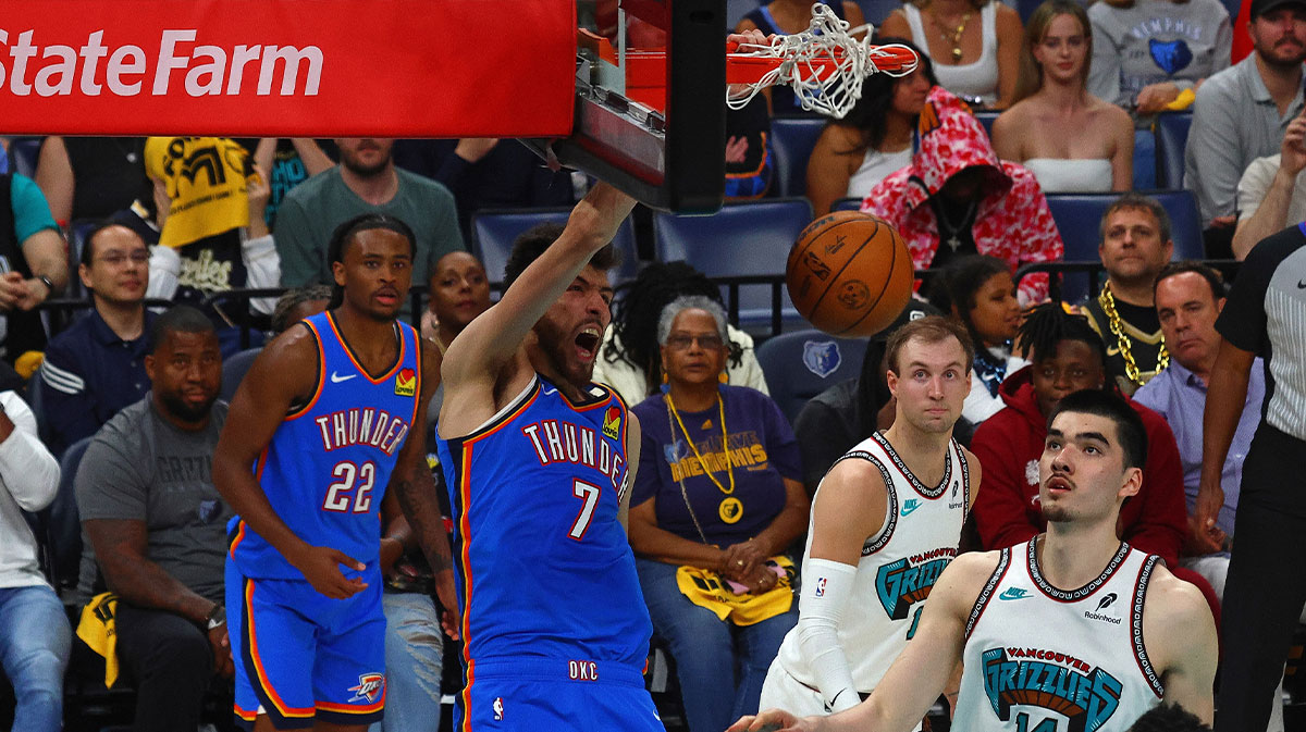 Oklahoma City Thunder forward Chet Holmgren (7) dunks during the second half against the Memphis Grizzlies during game three for the first round of the 2024 NBA Playoffs at FedExForum.