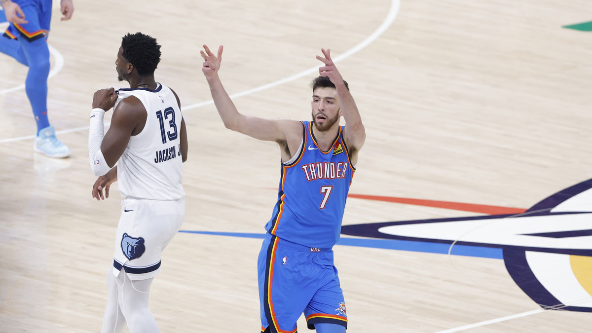 Oklahoma City Thunder forward Chet Holmgren (7) gestures after scoring a three point basket against the Memphis Grizzlies in the first quarter during game two of first round for the 2024 NBA Playoffs at Paycom Center.