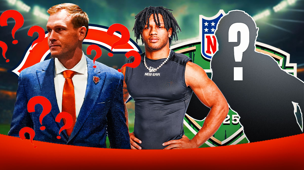 Chicago Bears head coach Ben Johnson surrounded by question mark emojis. He is next to RB Omarion Hampton and a silhouette of an American football player with a big question mark emoji inside. There are also logos for the Chicago Bears and the 2025 NFL Draft.