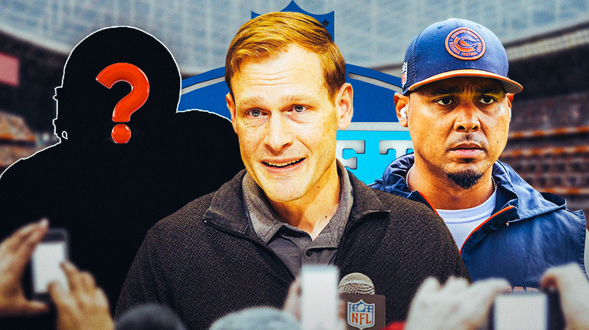 Chicago Bears head coach Ben Johnson with GM Ryan Poles and a silhouette of an American football player with a big question mark emoji inside. There is also a logo for the 2025 NFL Draft.