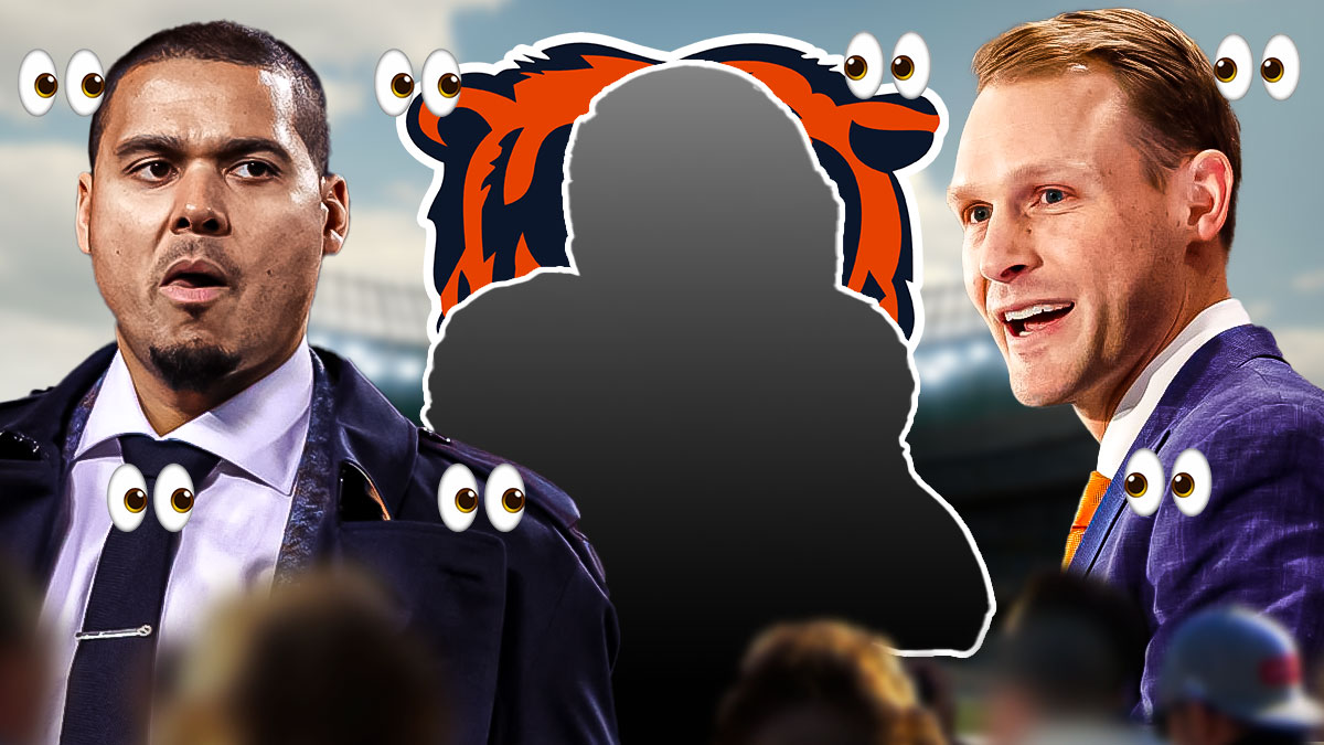 Bears logo behind SILHOUETTE of Bears RB D'Andre Swift next to Bears GM Ryan Poles and Bears HC Ben Johnson. Multiple 👀 in background. Background is NFL Draft stage.