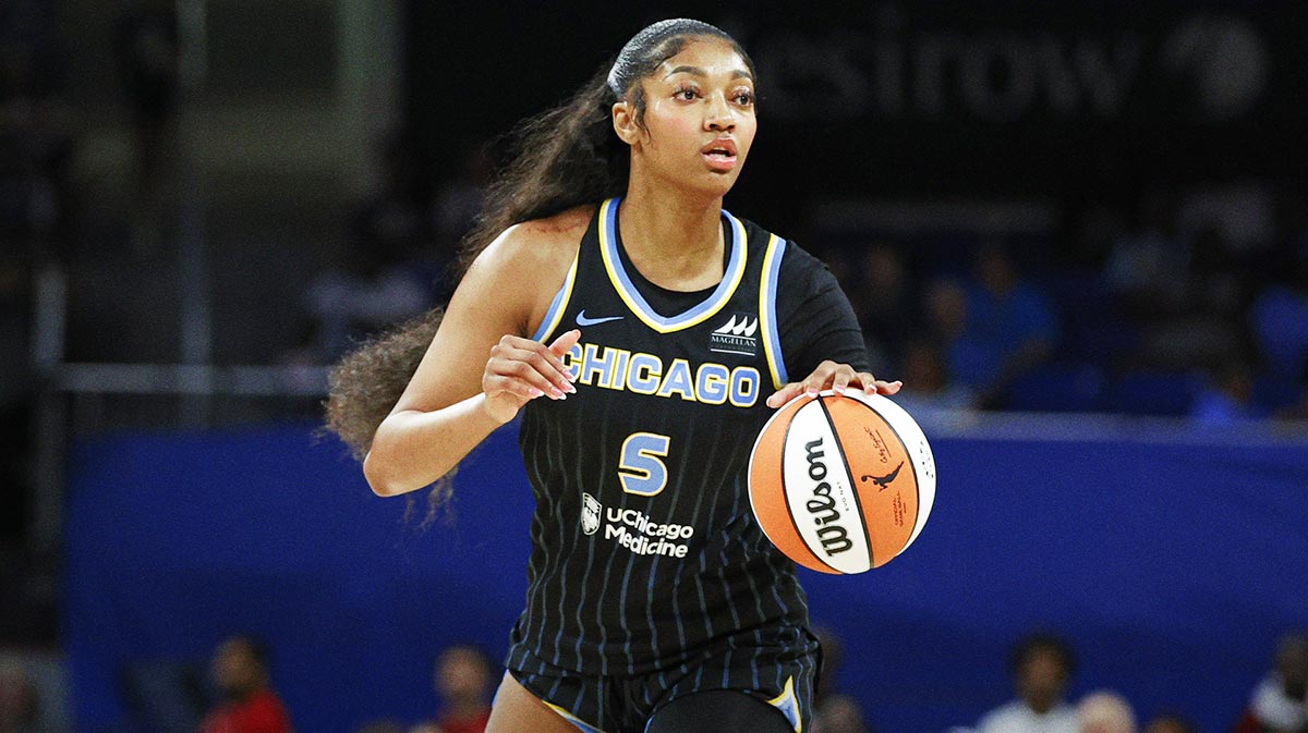 Chicago Sky forward Angel Reese (5) looks to pass the ball against the Las Vegas Aces during the first half at Wintrust Arena.