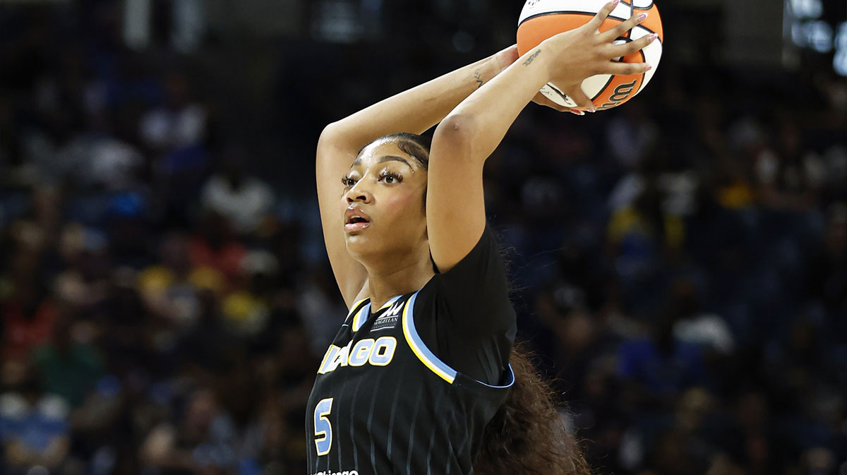 Chicago Sky forward Angel Reese looks to pass the ball against the Las Vegas Aces during the first half at Wintrust Arena.