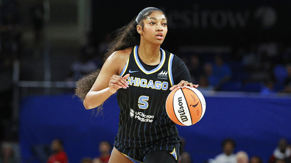 Chicago Sky forward Angel Reese (5) looks to pass the ball against the Las Vegas Aces during the first half at Wintrust Arena.